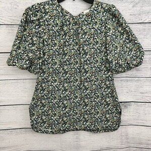 Charlotte Brody Leaf Print Puff Sleeve Top With Back Tie Size L